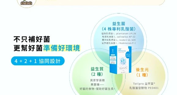 伏甯益生菌 4+2+1 協同設計圖:4 株專利益菌 LPL28、AP-32、GL-104、F-1 搭配 2 種益生質與 1 種 Totipro® 後生元